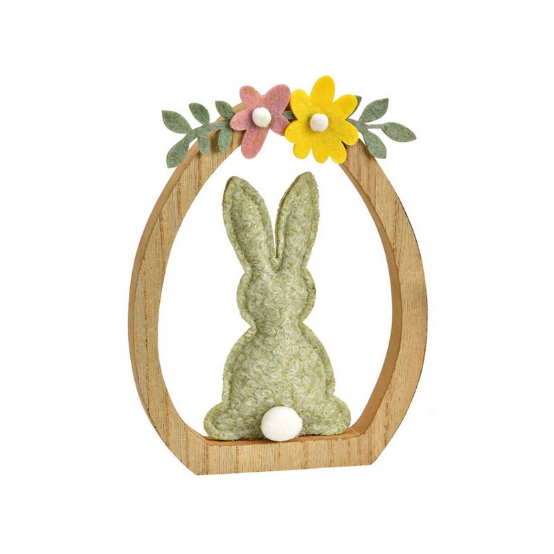 Coniglio pasquale verde in cornice floreale di legno e feltro, perfetto come decorazione di Pasqua